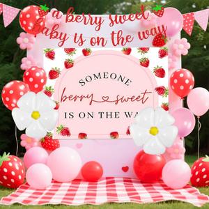 JeVenis Strawberry Baby Shower Decorations Girl Background A Berry Sweet Baby is On The Way Banner Berry Daisy Balloons Photography Backdrop Cake Table Decorations (Red 1)