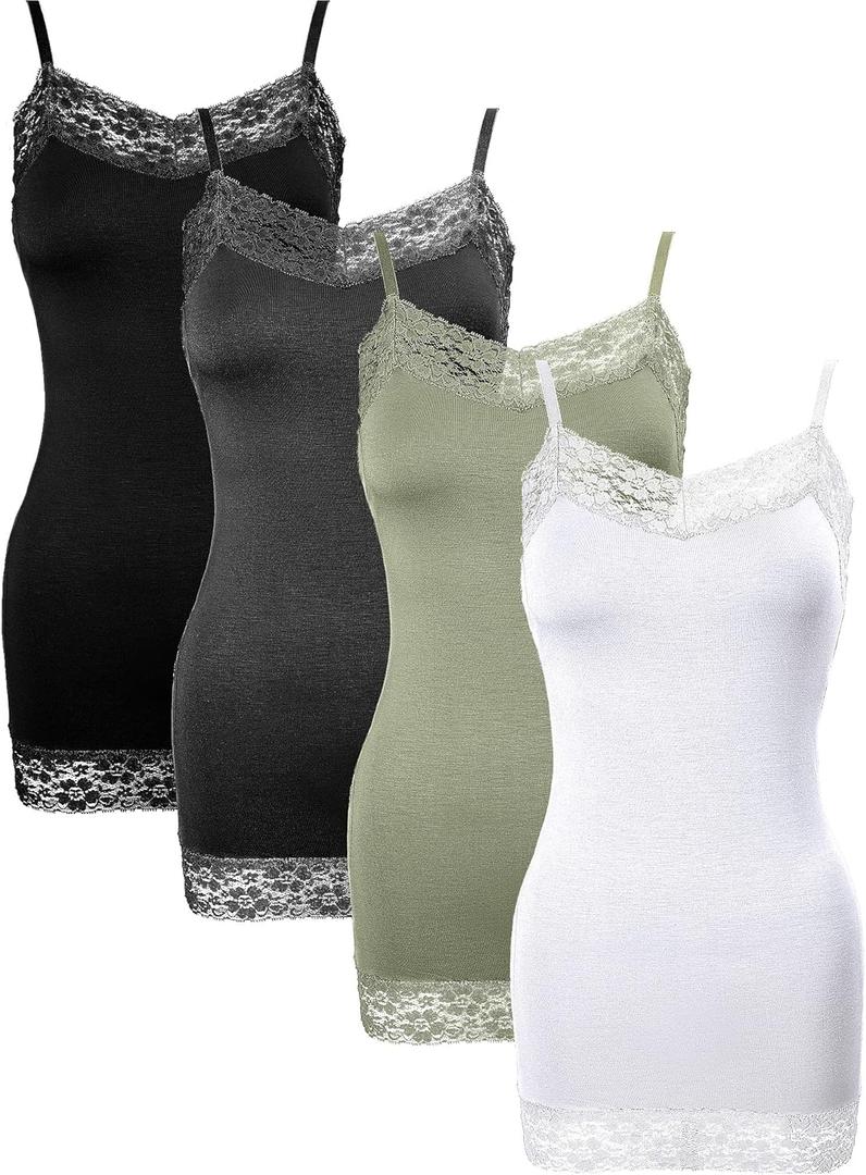 Bencailor 4 Pack Women's Long Tank Tops, Lace Camisole Neck Cami Adjustable Spaghetti Strap Undershirts for Women (XX-Large, Black, White, Grey, Green)