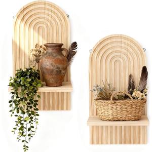 2 Pack Boho Wall Shelf Decor, Decorative Wooden Shelves Wall-Mounted Storage Organizer for Bedroom, Kitchen, Bathroom, Living Room, Easy to Install (Natural)