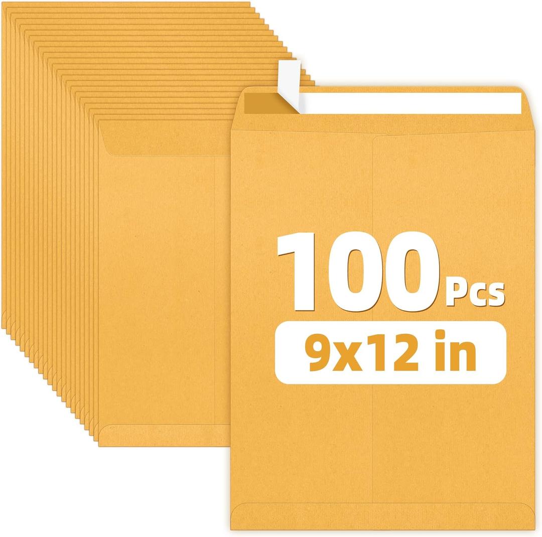 SUNEE 9 x12 Manilla Envelopes, 28lb Brown Kraft, Ultra Strong Quick-Seal Security Catalog Mailing Envelopes for Flat Letter Size Documents or Photos, 100 Count