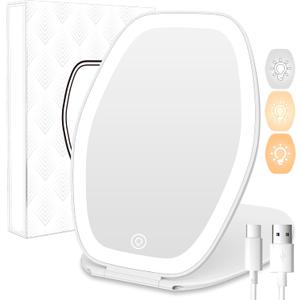 Travel Makeup Mirror with Light: 3 Color Lighting Portable Mirror with Touch Screen Rechargeable Adjustable LED Lights Hexagon Vanity Mirror for Travel, Desk, Home (White)