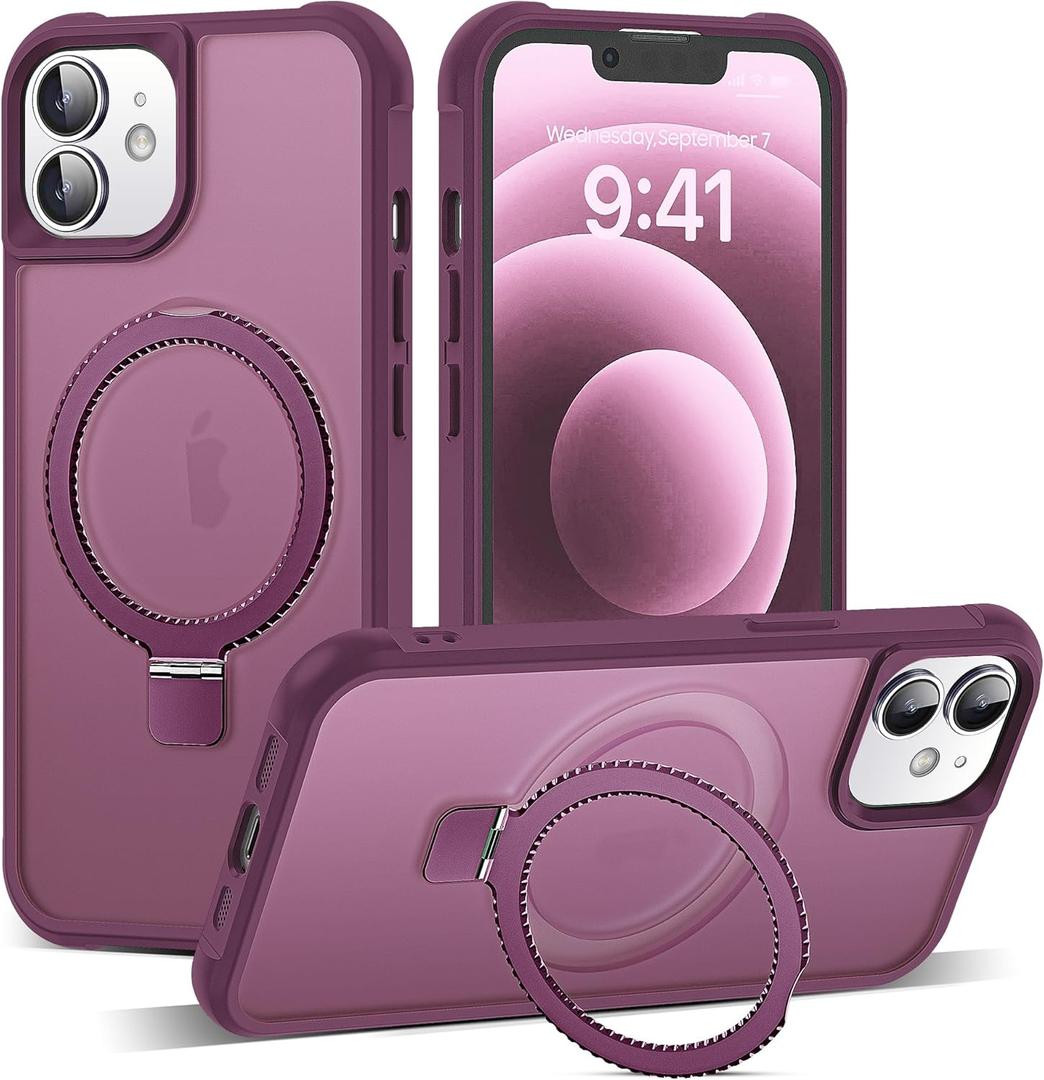 Compatible with iPhone 12 Case & iPhone 12 Pro Case 6.1" with Invisible Ring Stand [Compatible with Mag-Safe] Translucent with Magnetic Kickstand, Wine Red