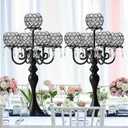 2Pcs Elegant 5-Arm Tea Light Crystal Candle Holder with Pendant Chain & Round Crystal Bowl - 22.5 Inch Tall Black Wedding Table Centerpiece for Holiday Events, Parties & Home Decor