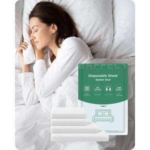 Baffect 2 Pack Disposable Bed Sheets Fitted Sheets, Disposable Sheets for Travel with Quilt Covers, Pillow Cases and Toilet Seat Covers, Disposable Bedding for Travel, Hotel (Queen Size)