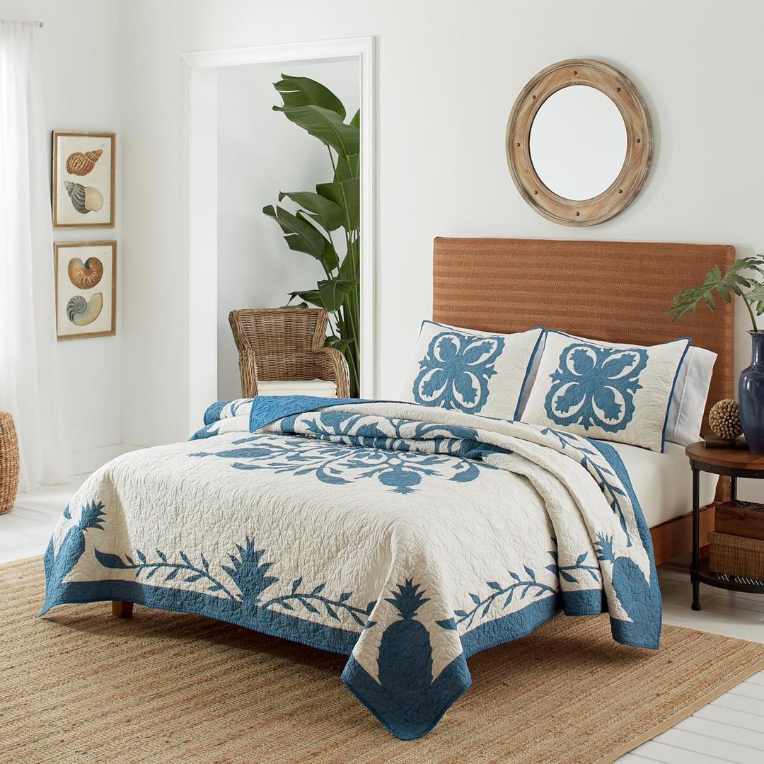 Tommy Bahama - Queen Quilt, Soft Cotton Bedding, Coastal Bedding Set, Oeko-Tex Certified (Aloha Pineapple Blue, Queen)