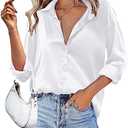 HOTOUCH Women Satin Silk Button Down Shirt Ladies Long Sleeve Tops V Neck Loose Blouse Dressy Business Casual Work Tunic Fall, Small