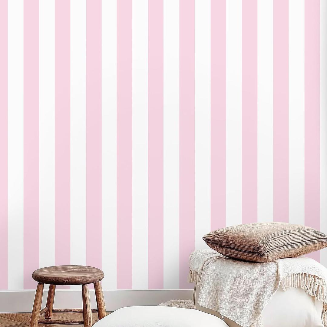 Cohoo Home Pink and White Peel and Stick Wallpaper Striped Cute 23.6"x118"