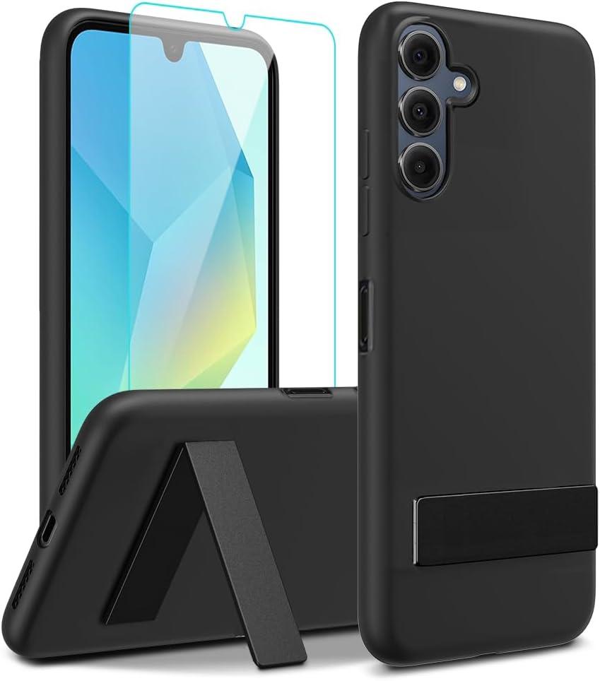 for Samsung Galaxy A07 2025 Phone Case with Glass Screen Protector, [3 Stand Ways] Metal Kickstand/Stand Silicone TPU Slim Fit Shockproof Protective Cover Case for Samsung Galaxy A07 - Black