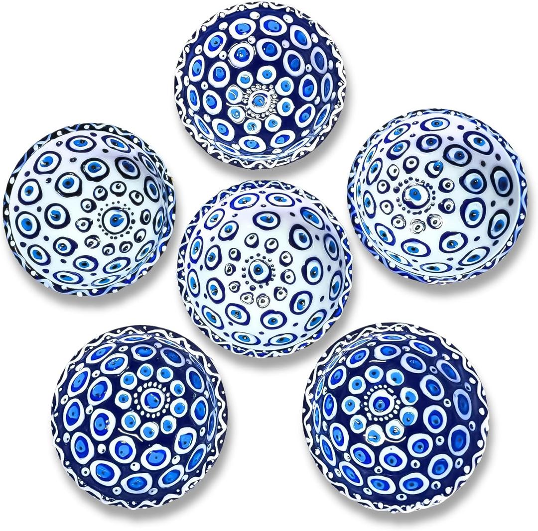 Handmade Decorative Turkish Ceramic Mini Pinch Bowls Set of 6  Small Dipping & Serving Sauce Bowls, Charcuterie Accessories, Hand-Painted Evil Eye Pattern Snack Dishes for Kitchen & Table Decor (White)