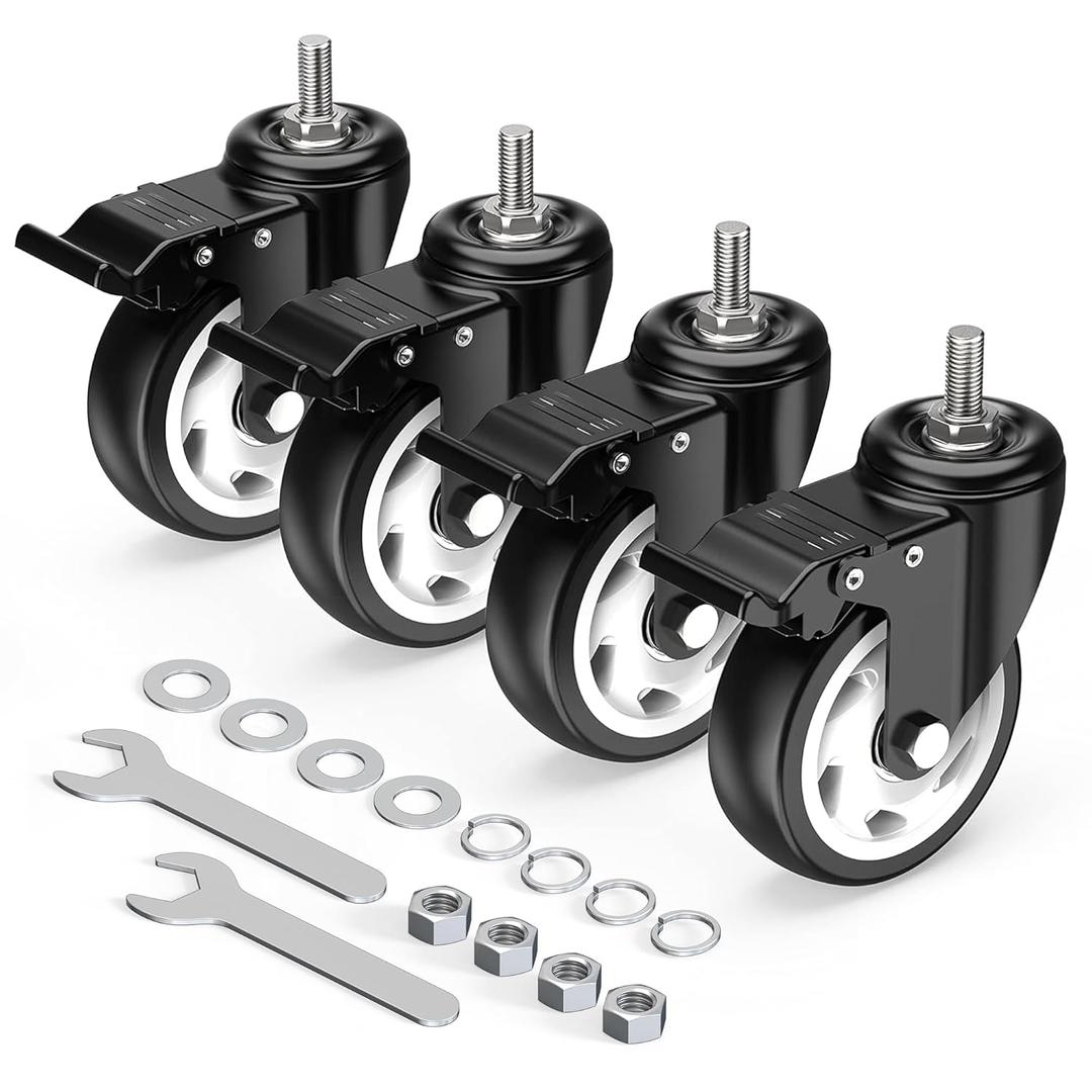 HOLKIE Caster Wheels 4 inch Total Locking Stem Casters, 3/8" -16 x 1 (Stem Diameter 3/8", Stem Length 1") Threaded Stem Casters Swivel Casters Set of 4 Heavy Duty Castors Black (Black-With Brake-4 pack)