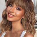 QGZ Brown Highlight Bob Wig with Bangs 12 Inches Short Wavy Synthetic Brown Mix Blonde Wig for Women Shoulder Length Hair for Daily Use