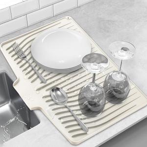 Silicone Dish Drying Mat for Kitchen Counter, Dish Drainer Mat, Non-Slip Drying Pad with Built-in Drain, Kitchen Drying Matt For Counter(18.9" x 11.8", Cream)