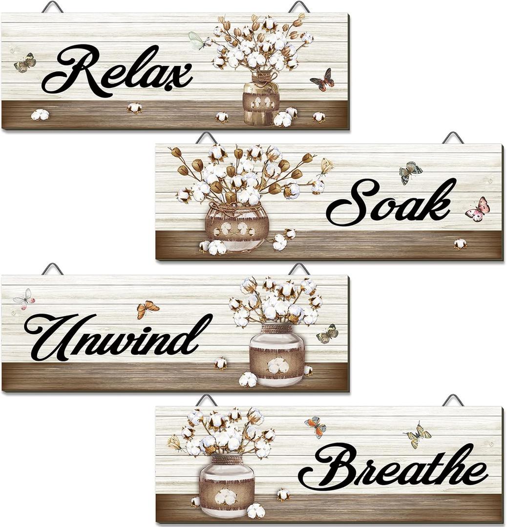 Tradder 4 Pcs Bathroom Wall Art Decor Plaques Rustic Farmhouse Pictures Wall Art Relax Soak Unwind Breathe Laundry Room Home Decorations Country(Cotton)