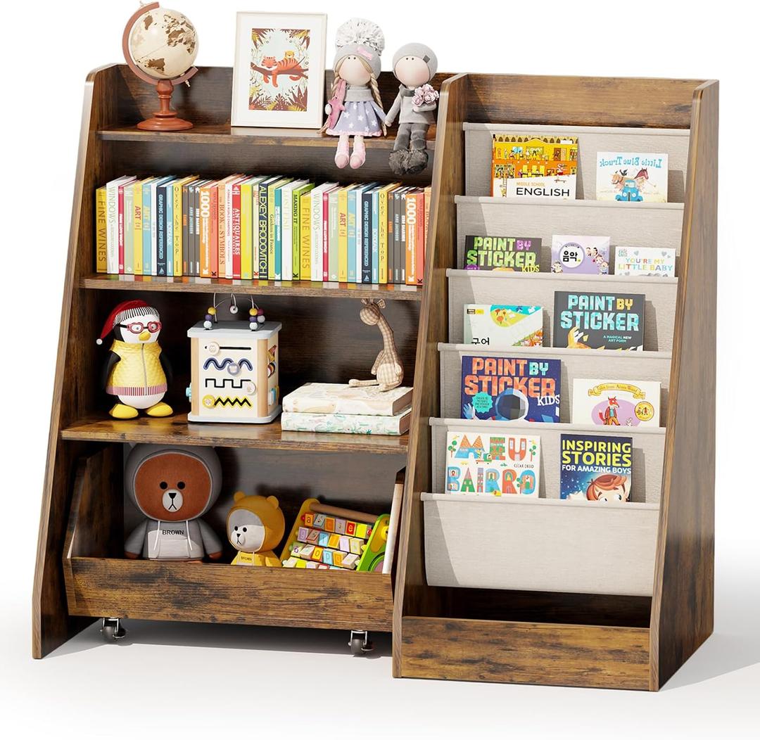 COZPAW Kids Bookshelf and Toy Storage, 4 Tier Toddler Bookshelf with Movable Drawer (Brown) (Medium)