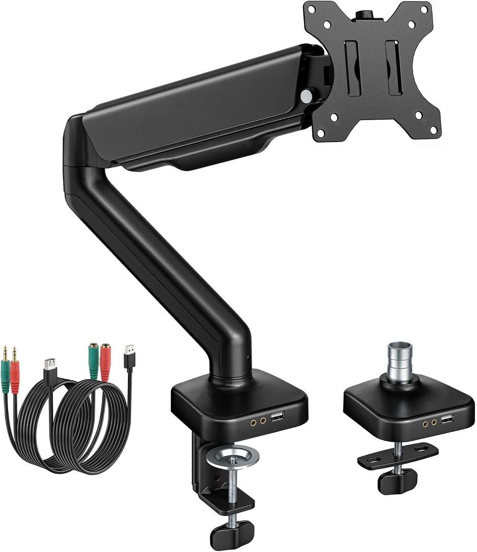 monTEK Heavy Duty Single Monitor Arm with USB/Audio Ports for 17-32” Screens, Premium Mechanical Spring Monitor Arm up to 19.8 lbs, Full Motion Monitor Desk Mount, VESA 75/100 mm, Clamp/Grommet