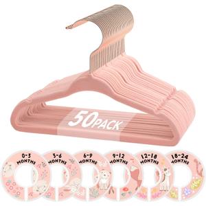 VIS'V Baby Hangers, 11 Inch Velvet Kids Hangers with 6 Pcs Clothes Size Dividers, Infant Toddler Nursery Closet Organization, Non Slip, Pink, 50 Pcs