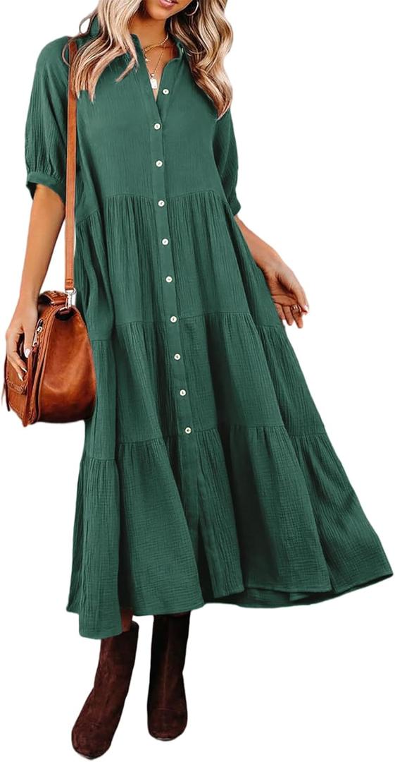 R.Vivimos Women's Summer Cotton Half Sleeves Button Down Casual Loose Slit Midi Dress with Pockets, XL