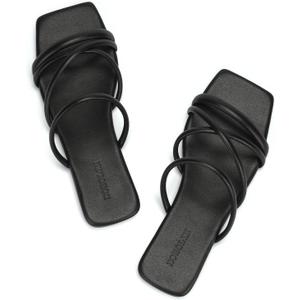 Women's Flat Sandals Strappy Square Open Toe Slide Sandals Dressy Comfortable Wide Feet Friendly (Black), Size 8