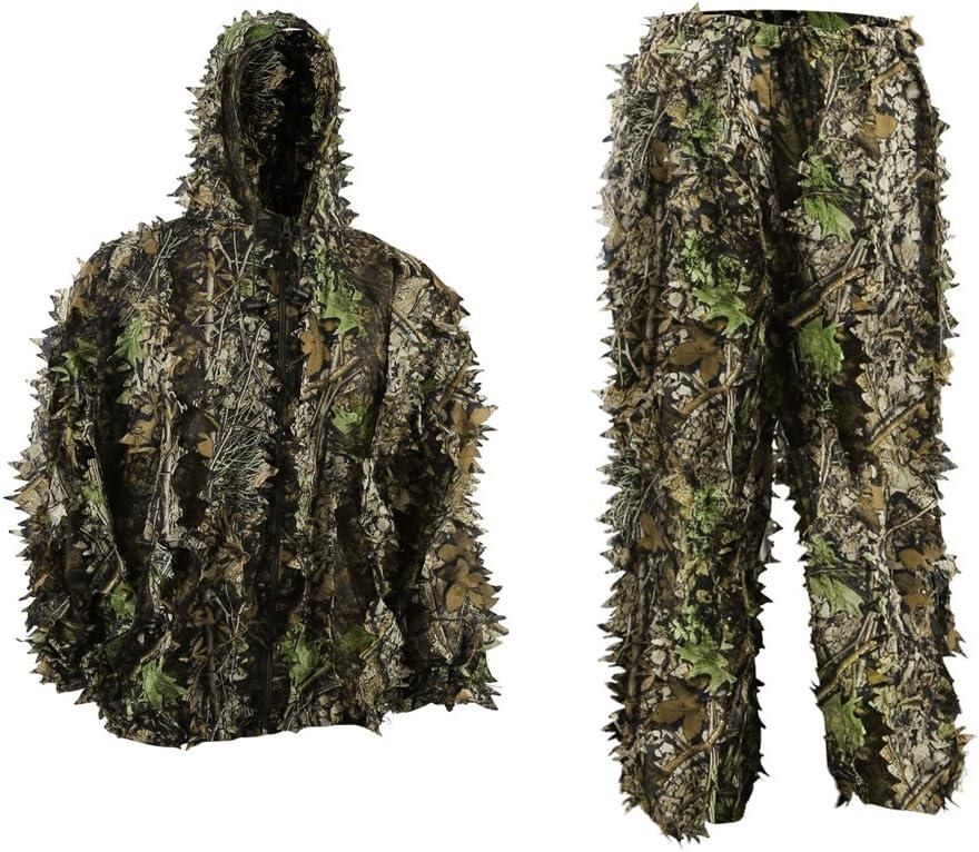 PELLOR Outdoor Camo Ghillie Suits, 3D Leafy Hooded Hunting Airsoft Camouflage Gillies Suits for Kids & Adults (Height 5.9-6.2 ft, Green)