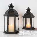 Large Lantern Decorative Outdoor & Indoor, Set of 2 (15&11) Metal Candle Lanterns Decor, Vintage Hanging Candle Holder for Front Porch Patio Wedding Farmhouse Home, Spring Decoration (Black / 14.6''h+10.8''h)