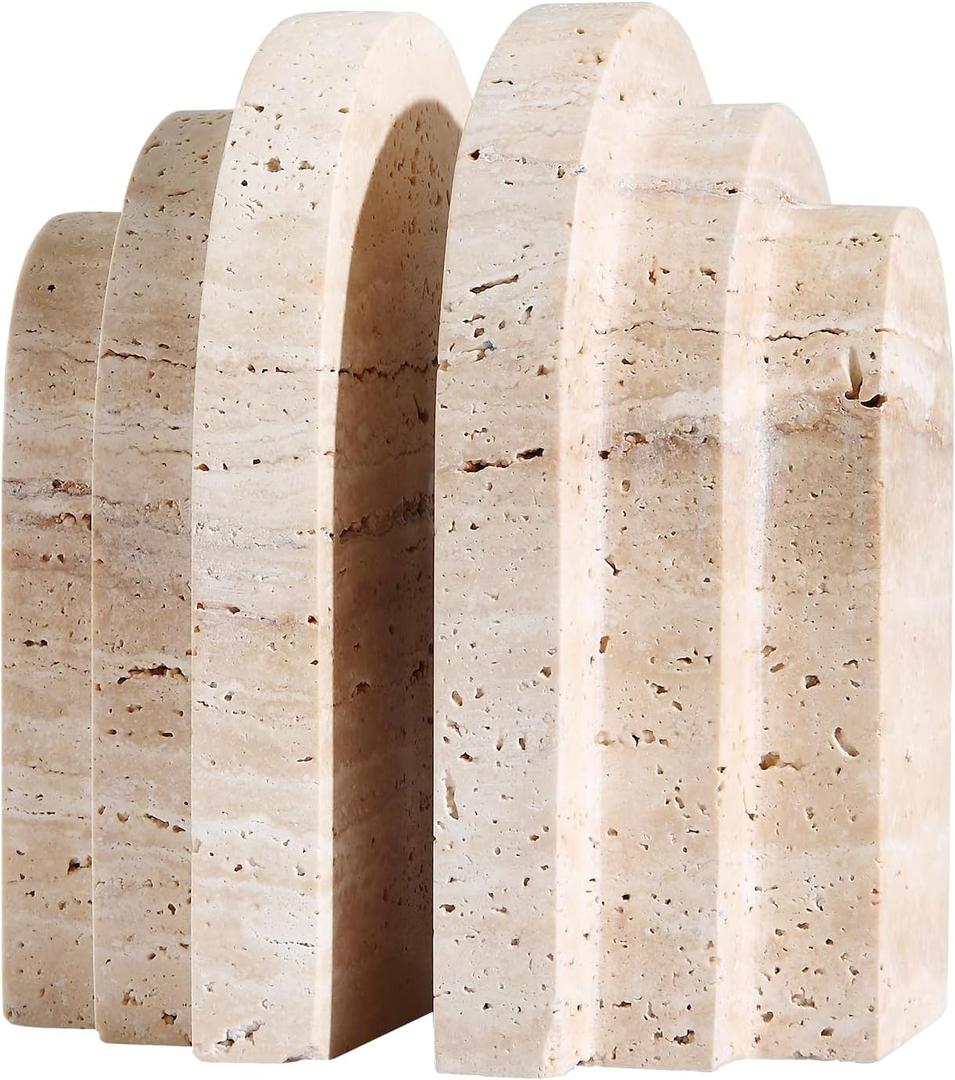 Modern Book Ends for Shelves Nature Marble Decorative Bookends Heavy Duty Bookshelf Holder for Office Desk Decoration (Beige)