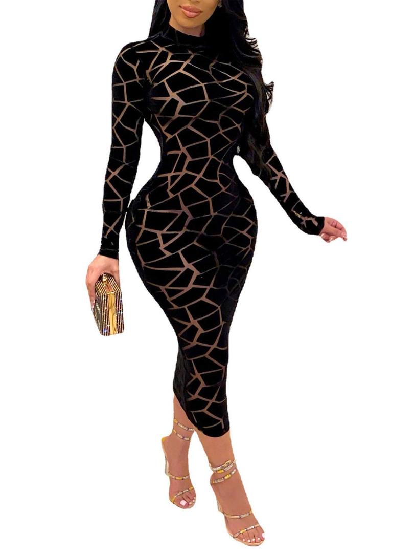Uni Clau Women Sexy Sheer Mesh Boydcon Midi Dress See Through Printed Long Sleeve Midi Skinny Clubwear Party Dress, L