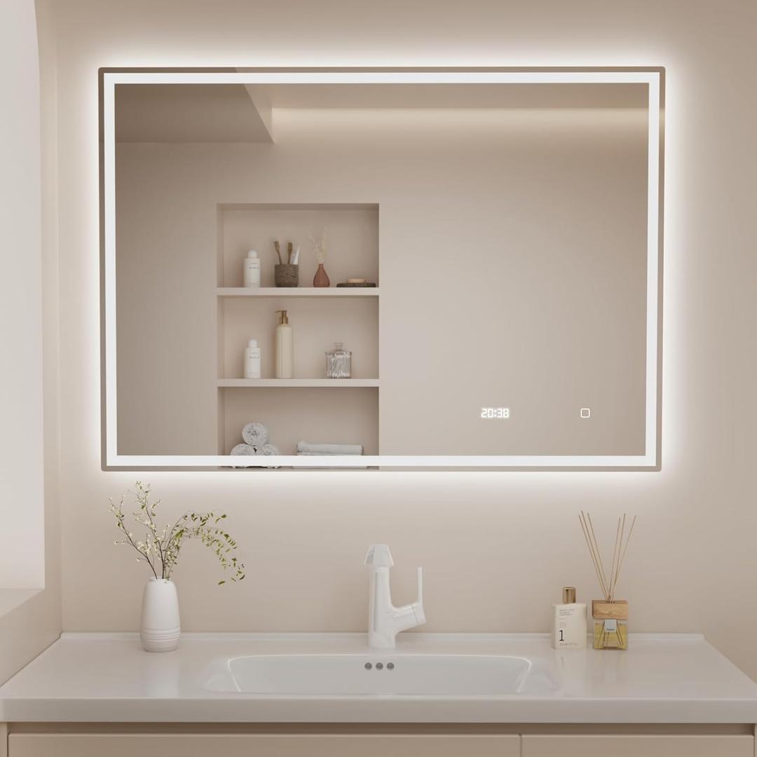 55"x 40" LED Bathroom Mirror with Lights, Tempered Glass Bathroom Vanity Mirror Frontlit & Backlit,Defogging,3 Color Lights,Time & Temperature Function,Led Mirror for Cloakroom,Barber Shop (Frameless)