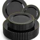 EI 60pcs Black Plastic Plates,Black and Gold Plastic Plates Disposable,Fancy Heavy Duty 10" Dinner & 7" Dessert Plate for Party,Birthday,Anniversary,Wedding,Afternoon Tea,Business Events,Banquets