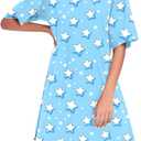 Women's Blue Stars Nightgown Short Sleeve V Neck Nightshirt Casual Sleepwear Lounge Wear Dress, L (Blue, L)