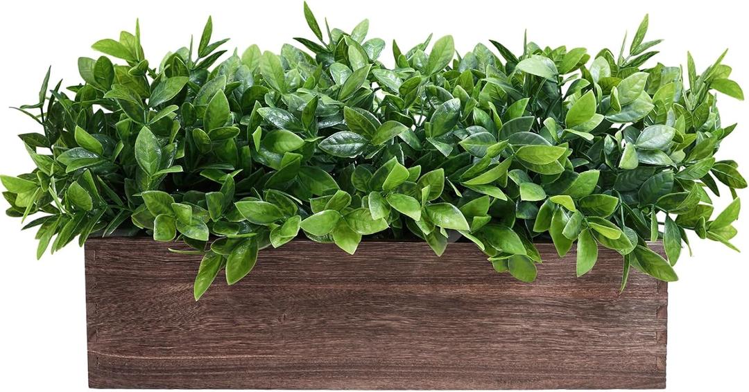 Winlyn 14" Artificial Boxwood Plants in Rectangular Wood Planter Farmhouse Greenery Arrangement Centerpiece Faux Potted Herb Plant for Wedding Dining Room Table Kitchen Windowsill Mantel Shelf Dcor