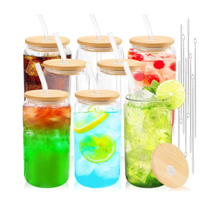 Joyclub Glass Cups with Bamboo Lids and Straws 8 Set 16 oz Reusable Iced Coffee Cup Beer Can Drinking Jars for Smoothie Whiskey Boba Soda Tea Gift
