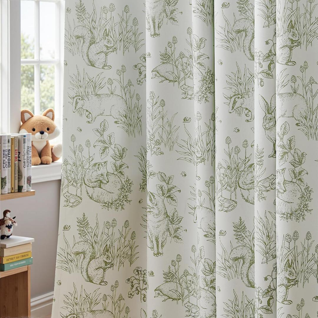 JINCHAN 95% Blackout Nursery Curtains 63 Inches Long, Bunny Woodland Toile Easter Decor Curtains Sage Green on Beige Animal Printed Drapes Bedroom Spring Decoration Farmhouse Window Treatment 2 Panels