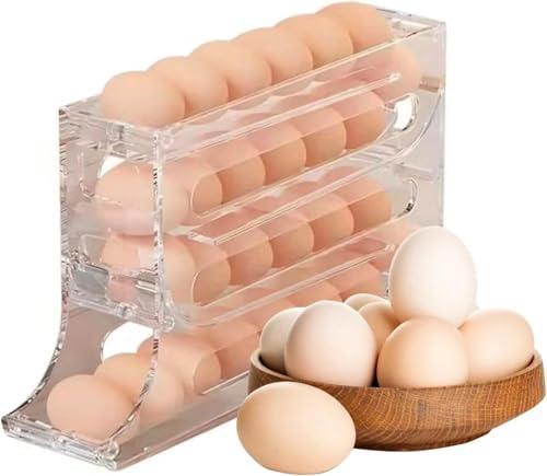 Sipobuy 4-Tier 28 Eggs Automatic Rolling Dispenser, Space-Saving Tray Organizer Holder for Refrigerator, Kitchen, Cabinets, Countertop and Dining Table (Transparent)