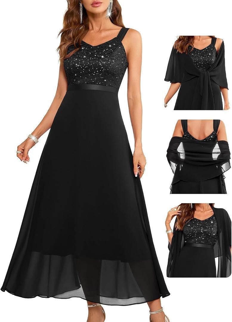 BeryLove Formal Wedding Guest Sequin Prom Dresses Cocktail Evening Lace Elegant Mother of The Bride Dress, Medium