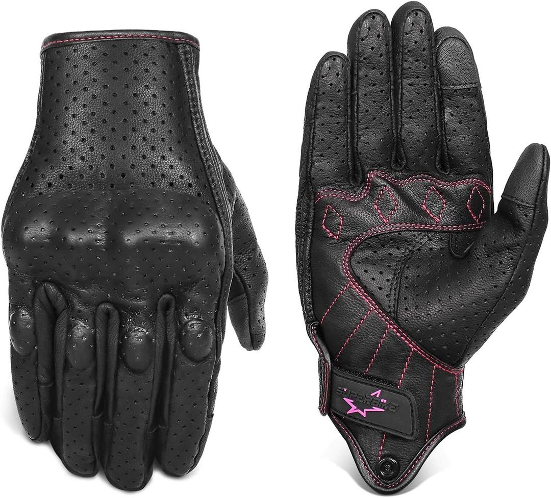 Superbike Women ’s Touchscreen Motorcycle Gloves Full Finger Black Leather Armored Ladies Motorbike Gloves (G01W-Black Leather with Rose Line, M)