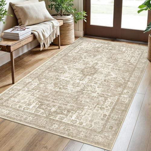 SIILOOM 3x5 Washable Area Rug for Entryway, Light Beige Grey Brown Soft Boho Rug with Non-Slip, Low-Pile Vintage Area Printed Rugs for Living Room Bedroom Dining, Dorm Carpet with Non-Shedding