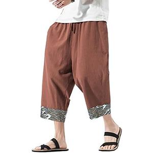 DOSLAVIDA Men's Linen Harem Capri Pants Loose Fit Yoga Beach Shorts Elastic Waist Wide Leg Baggy Cropped Trousers,2XL