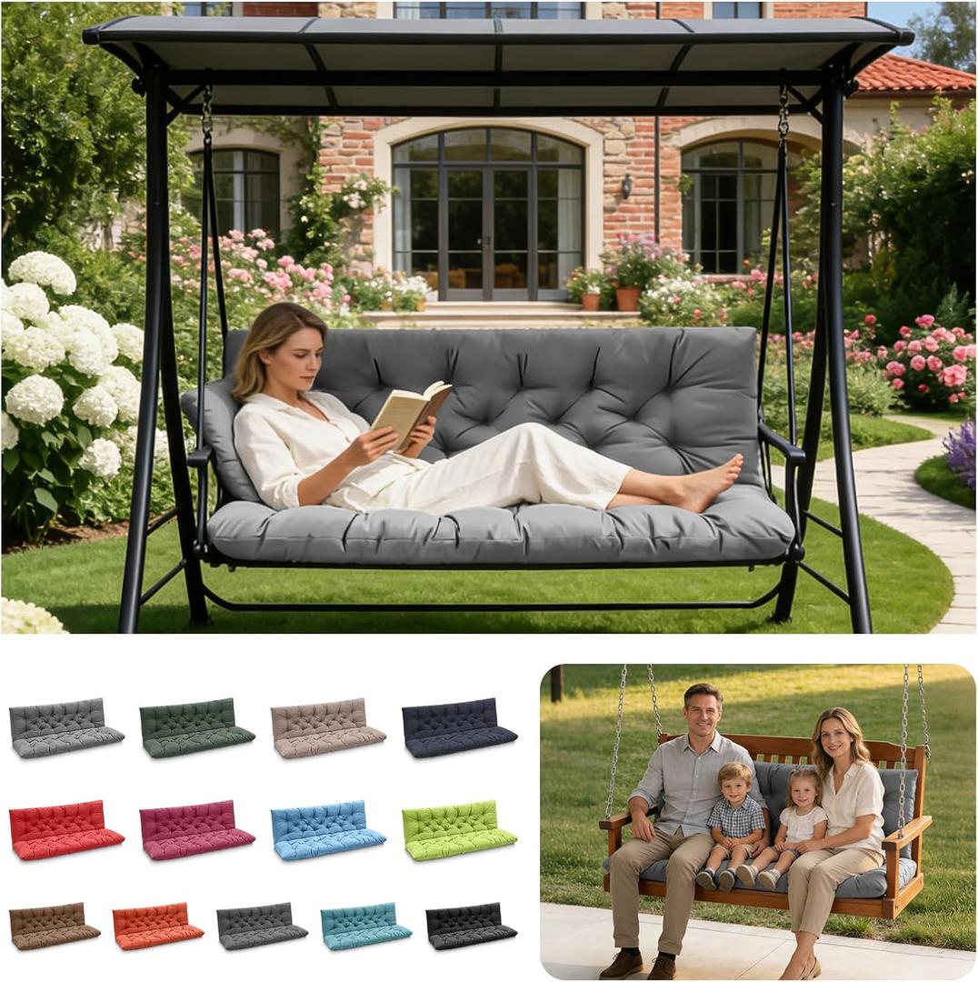 Porch Swing Cushions, Outdoor Swing Replacement Cushions 3 Seater with Backrest, Waterproof Bench Cushion with Ties,for Patio,Porch, Garden,Backyard, 20x20x60