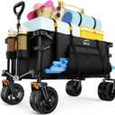 Collapsible Wagon Cart Heavy Duty Foldable, Folding Beach Wagon with Big Wheels for Sand, Utility Grocery Cart with Side Pocket and Brakes for Camping Sports Outdoor Activities, Black