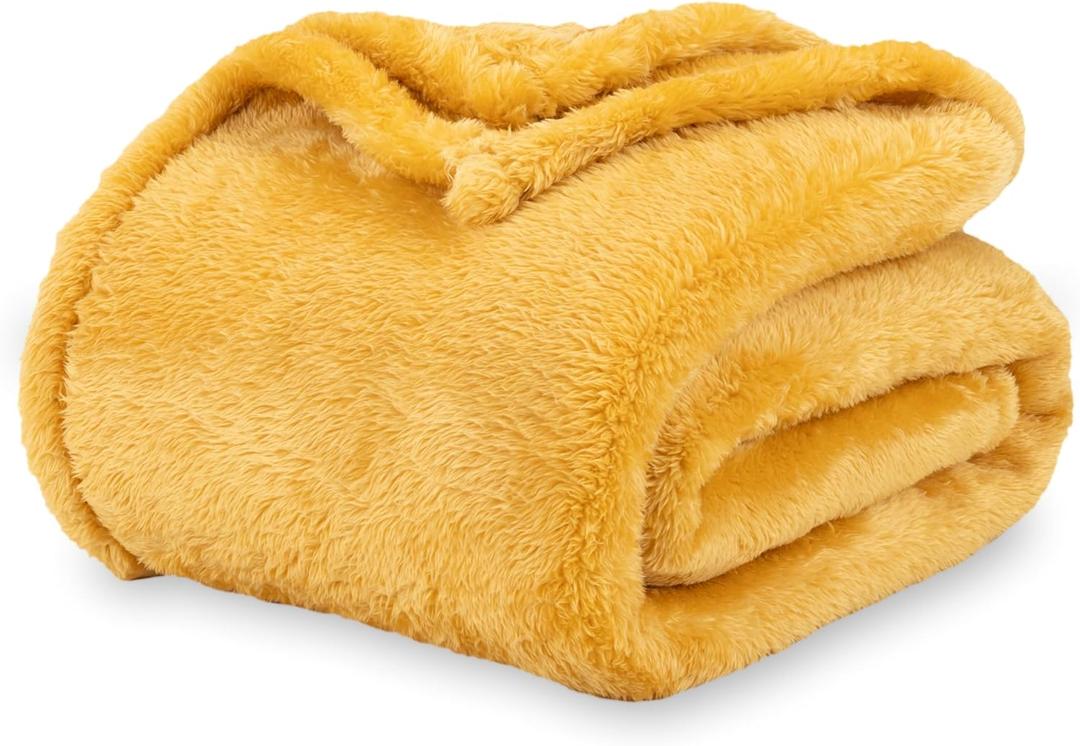 Berkshire Blanket Classic Extra-Fluffy Plush Blanket Queen Size, Soft Fuzzy Fluffy Long Hair Blanket for Couch Sofa Bed, Ochre, 90x90 Inches