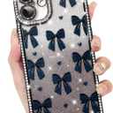 KANGHAR Designed for iPhone 16 Plus Case Glitter Bows Hearts Print Pattern Design Case Anti-Scratch Shockproof Bumper Protective Bling Sparkly Diamond Rectangle Cover Black