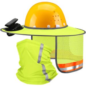 Solar Fan Hat Sun Shade Full Brim Hard Hat Shade Reflective Neck Sunshade 2-in-1 Cooling Neck Gaiter Outdoor Safety Accessories for Construction Hiking Cycling (Fluorescent Yellow)