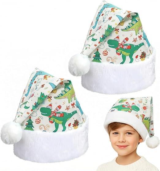 Eurzom 2 Pcs Dinosaur Santa Hat Cute Animal Print Christmas Furry Xmas Hat with Comfort Lining and Brim Large Unisex Plush Santa Cap for Adults and Teens New Year Holiday Party Supplies Decorations