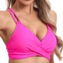 Womens Twist Front V Neck Bikini Top Push Up Padded Swim Top Swimsuit Lace Up Criss Cross Back Bathing Suits Tops (Pink, M)