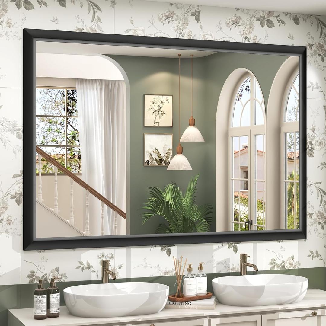 SMIROR Matte Black Bathroom Mirror for Over Sink 60x 40 inch, Metal Thick Frame Rectangle Vanity Mirror for Wall, Anti-Rust, Horizontally or Vertically Mounted