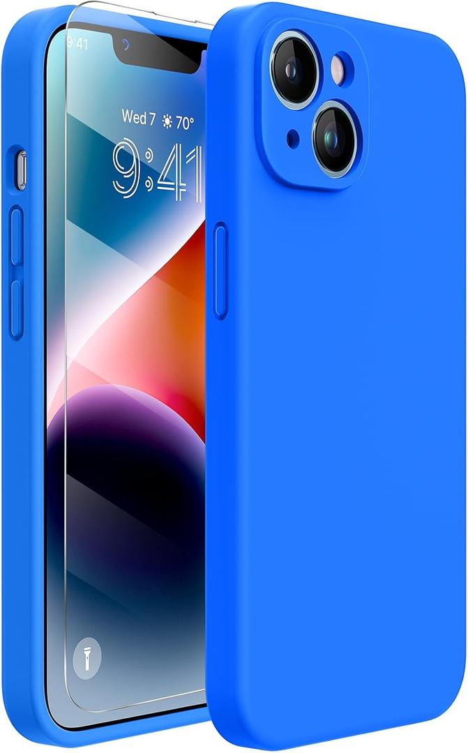 Miracase Designed For Iphone 14 Case With Screen Protector, [Upgraded Enhanced Camera Protection], Shockproof Liquid Silicone Case With Microfiber Lining, 6.1 Inch, Mediterranean Blue