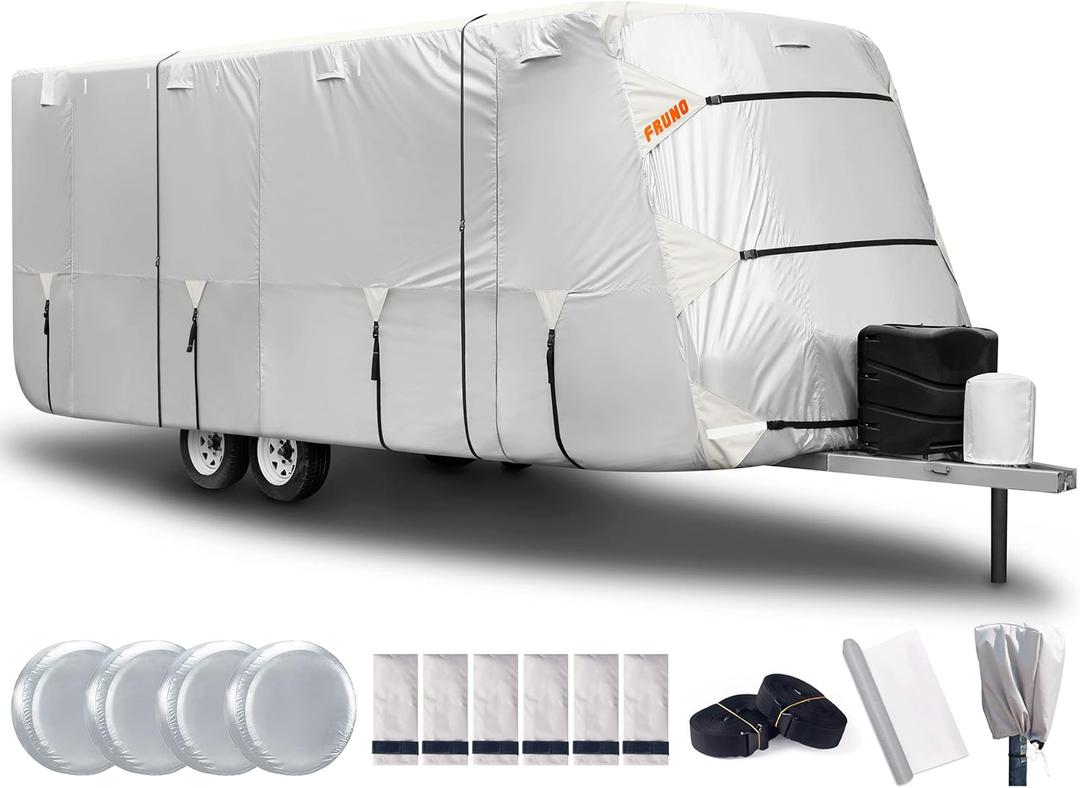 FRUNO Oxford Fabric Travel Trailer Cover RV Cover 20'-22' Waterproof Rip-Resistant Anti-UV Camper Cover for Winter Snow with Jack Cover 4 Tire Covers and Gutter Covers