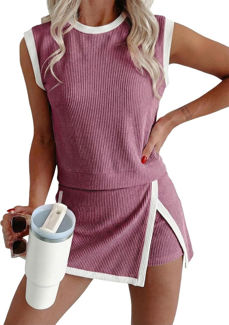 EVALESS 2 Piece Sets for Women Summer Outfits Ribbed Knit Tank Top and Split Lined Skirt Two Pieces Lounge Matching Set (Pink, XL)