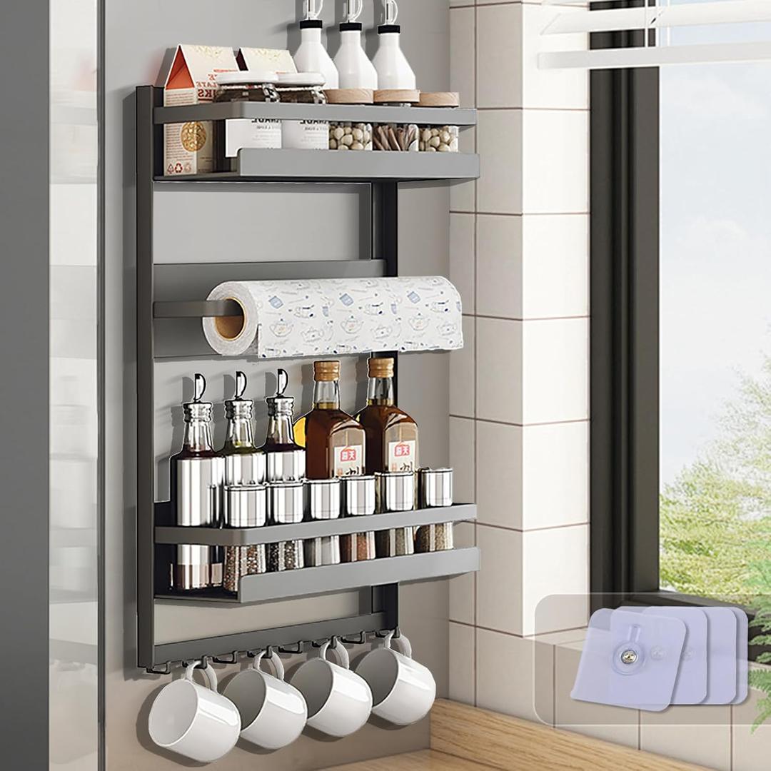 Magnetic Spice Rack for Refrigeratorwith 8-Hook, Magnetic Paper Towel Holder, with Strong Adhesion, Rust-Proof & Space-Saving Design for Kitchen, Bathroom(2 Tier Refrigerator Shelf)