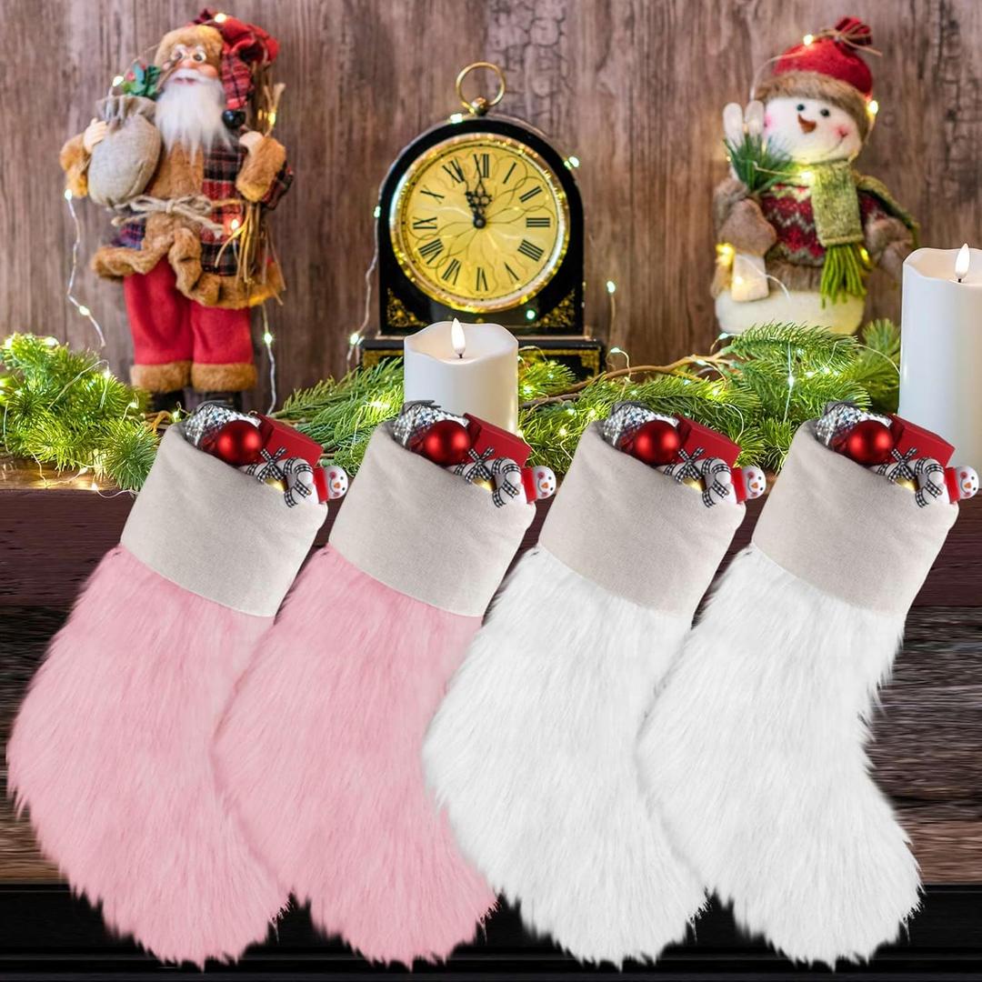 Seematn 4 Pack 20" Pink and White Christmas Stockings Plush Faux Fur Soft Stocking Lovely Hanging Xmas Ornaments Candy Gift Bags for Christmas Stairs Fireplace Hanging Xmas Home Decorations